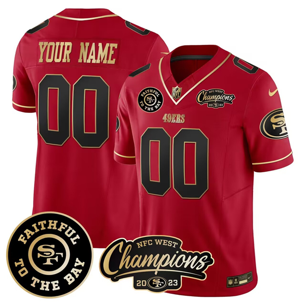 Men's San Francisco 49ers Active Player Custom Red Faithful & 2023 F.U.S.E. West Champions Patch Vapor Limited Stitched Football Jersey